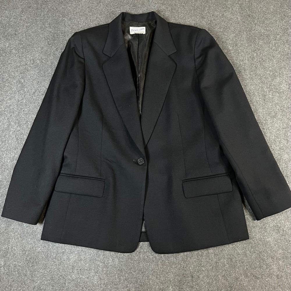 Pendleton Womens Black 100% Virgin Wool Single Button Blazer Jacket Size 16